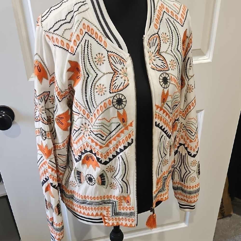 Lovestitch Vibrant Orange and Cream Embroidered Bomber Jacket - Picture 7 of 14